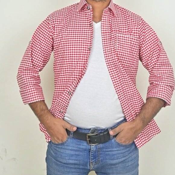 Vintage Bavarian Oktoberfest Button Down Shirt  Checked Summer Men Style - Picture 10 of 11